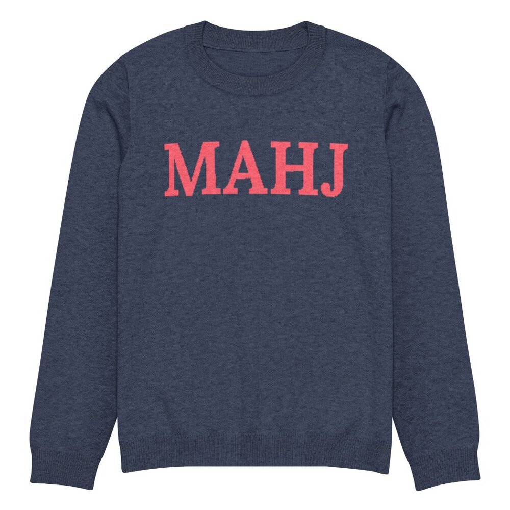 Mahjong Sweater - Mahj Knitted Crew Neck Sweater - Dark Grey-Blue and Pink-